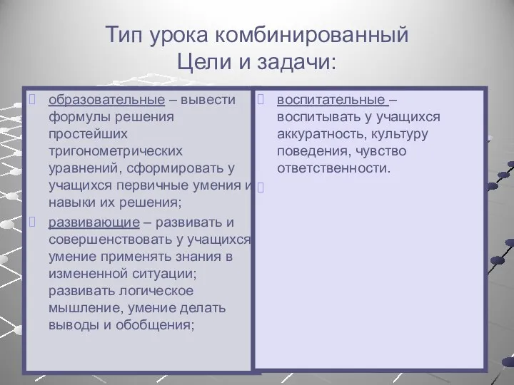 Тип урока комбинированный Цели и задачи: образовательные – вывести формулы решения простейших тригонометрических