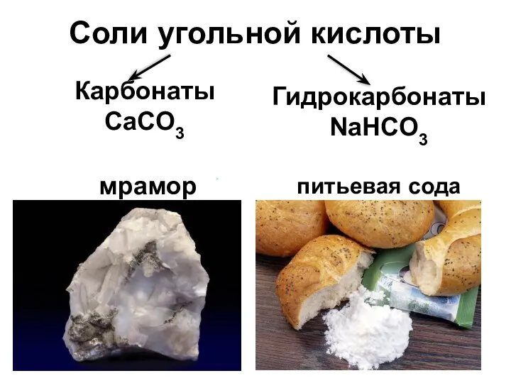 Соли угольной кислоты Карбонаты CaCO3 мрамор ГидрокарбонатыNaHCO3 питьевая сода