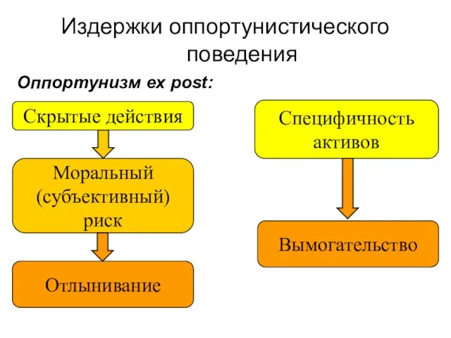 Издержки оппортунистического поведения Моральный (субъективный) риск Отлынивание Оппортунизм ex post: Скрытые действия Специфичность активов Вымогательство