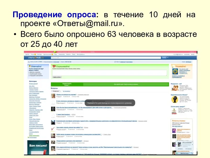 Проведение опроса: в течение 10 дней на проекте «Ответы@mail.ru». Всего