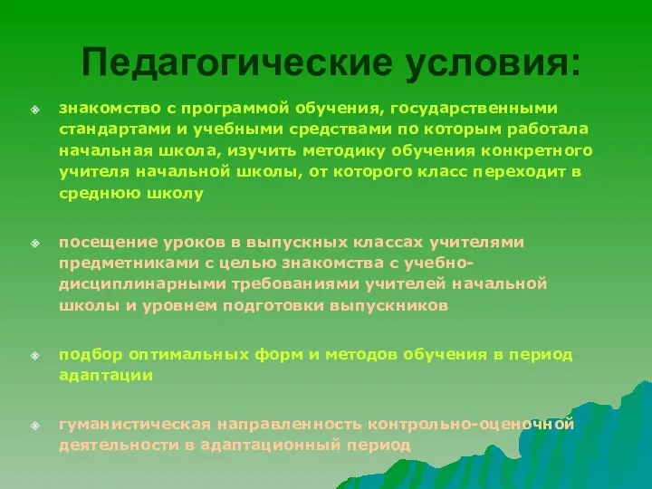 Педагогические условия: знакомство с программой обучения, государственными стандартами и учебными