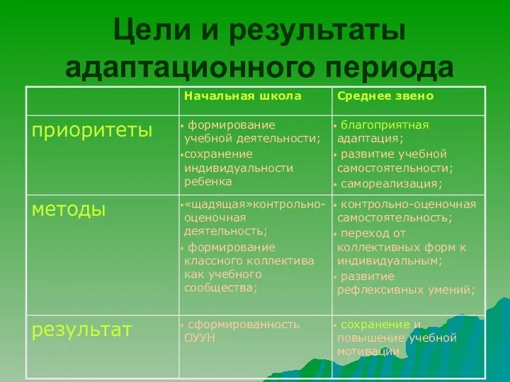 Цели и результаты адаптационного периода