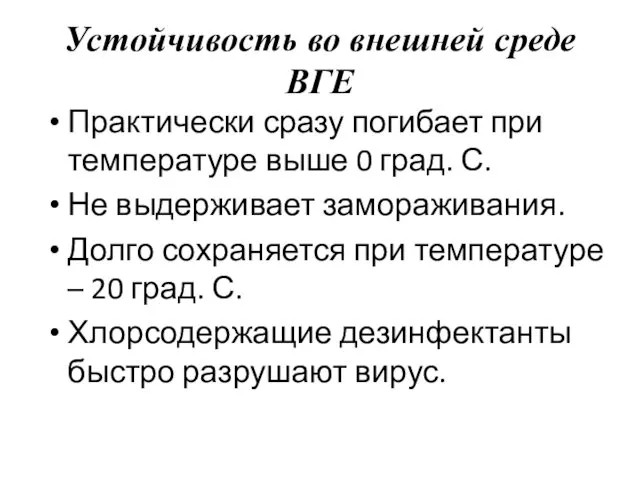 Устойчивость во внешней среде ВГЕ Практически сразу погибает при температуре