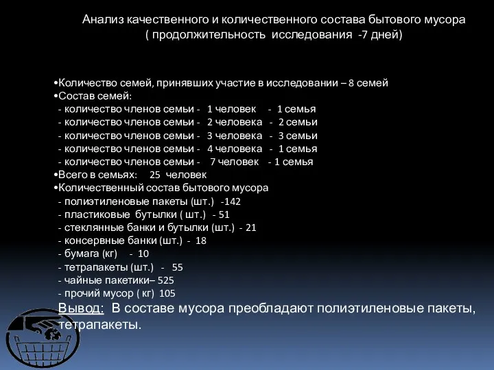 Анализ качественного и количественного состава бытового мусора ( продолжительность исследования