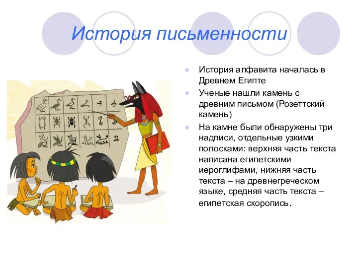 История письменности История алфавита началась в Древнем Египте Ученые нашли