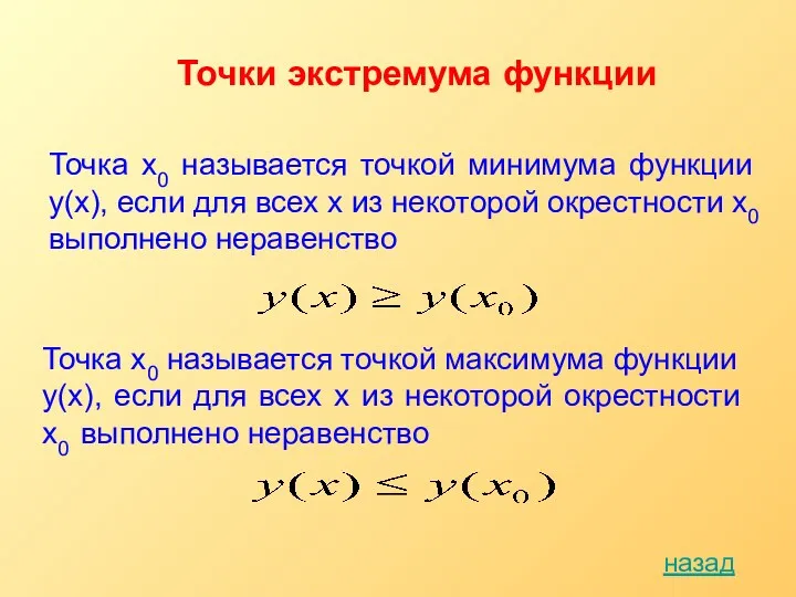 Точки экстремума функции Точка x0 называется точкой минимума функции y(х),