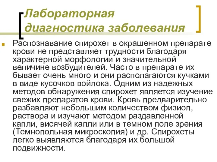 Лабораторная диагностика заболевания Распознавание спирохет в окрашенном препарате крови не