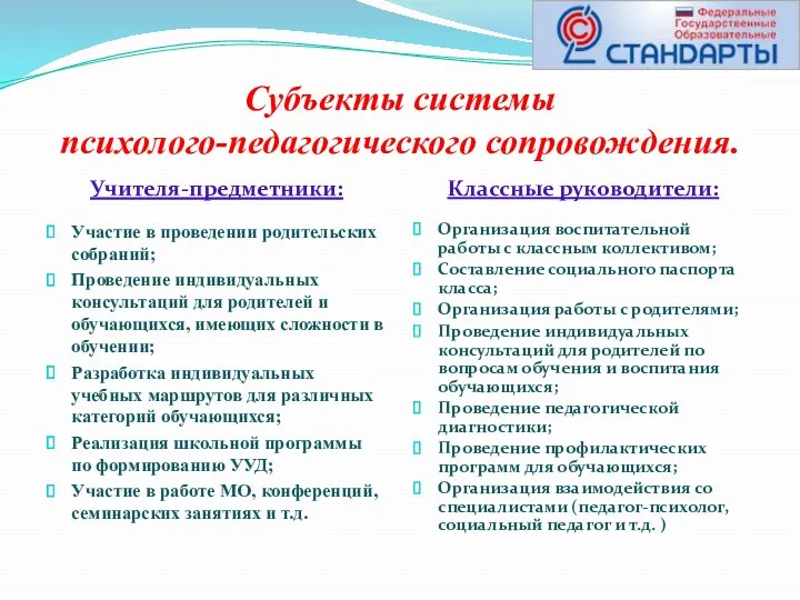 Субъекты системы психолого-педагогического сопровождения. Учителя-предметники: Классные руководители: Участие в проведении