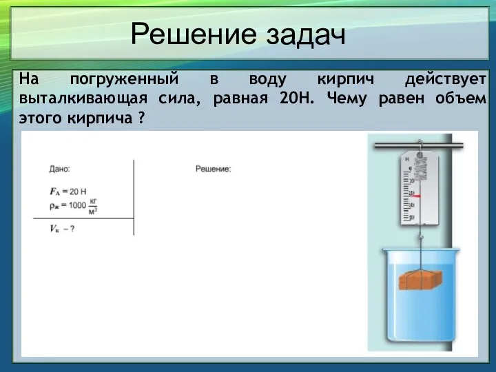 На погруженный в воду кирпич действует выталкивающая сила, равная 20Н.