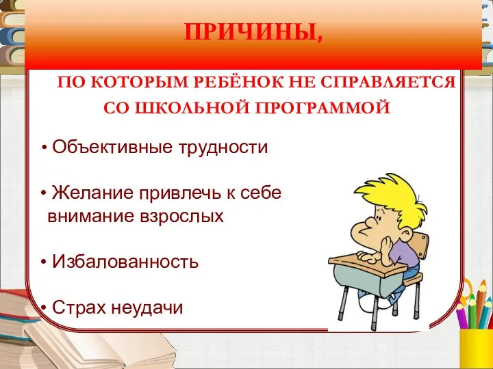 Объективные трудности Желание привлечь к себе внимание взрослых Избалованность Страх