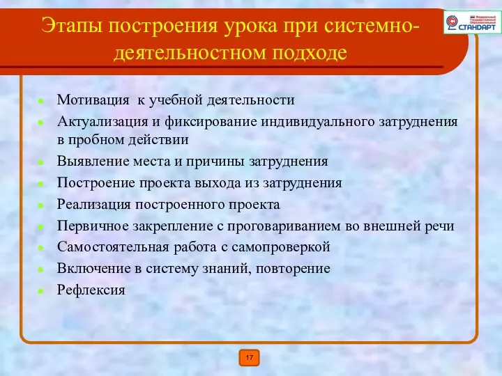 Этапы построения урока при системно- деятельностном подходе Мотивация к учебной деятельности Актуализация и