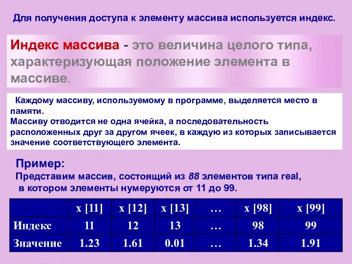 Для получения доступа к элементу массива используется индекс. Пример: Представим