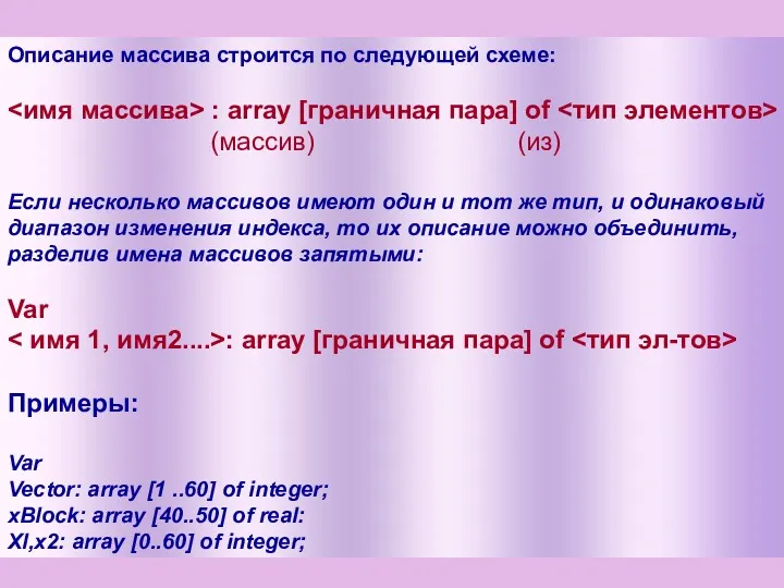 Описание массива строится по следующей схеме: : array [граничная пара]