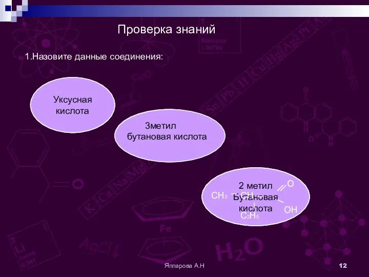 Яппарова А.Н Проверка знаний 1.Назовите данные соединения: Уксусная кислота 2 метил Бутановая кислота