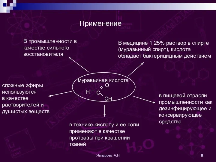 Яппарова А.Н Применение муравьиная кислота В промышленности в качестве сильного