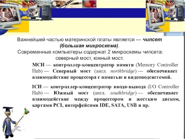 Важнейшей частью материнской платы является — чипсет (большая микросхема). Современные