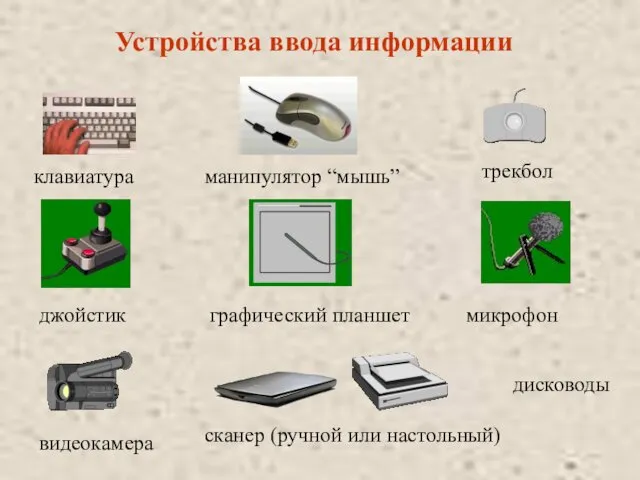 Устройства ввода информации клавиатура манипулятор “мышь” сканер (ручной или настольный) дисководы