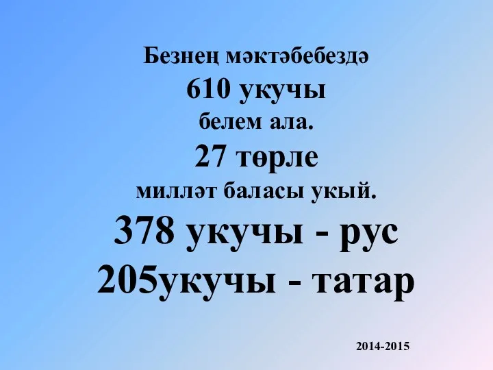 Безнең мәктәбебездә 610 укучы белем ала. 27 төрле милләт баласы укый. 378 укучы