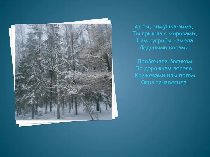 Ах ты, зимушка-зима, Ты пришла с морозами, Нам сугробы намела Ледяными косами. Пробежала