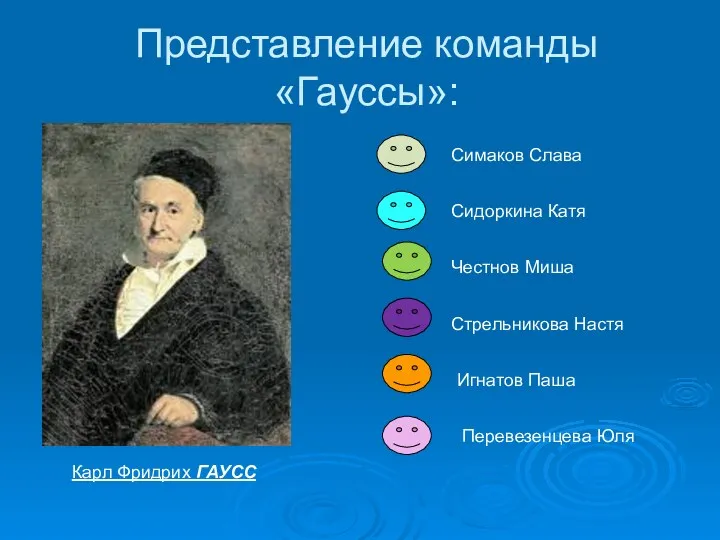 Представление команды «Гауссы»: Карл Фридрих ГАУСС Симаков Слава Сидоркина Катя