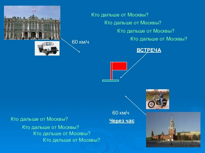 60 км/ч 60 км/ч Через час ВСТРЕЧА Кто дальше от