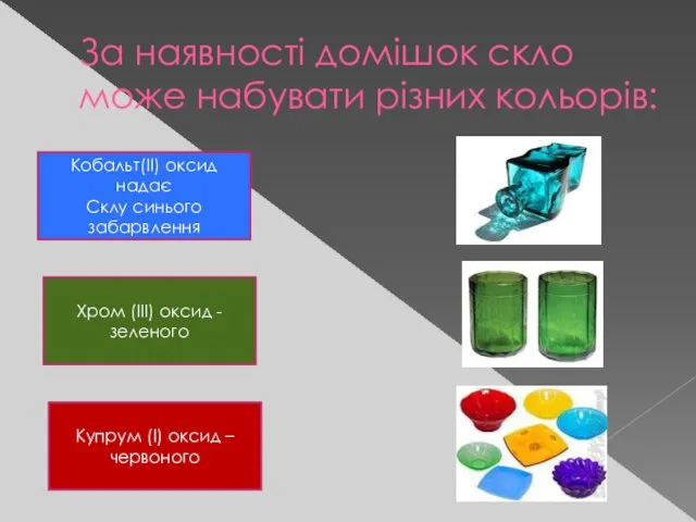 За наявності домішок скло може набувати різних кольорів: Кобальт(II) оксид