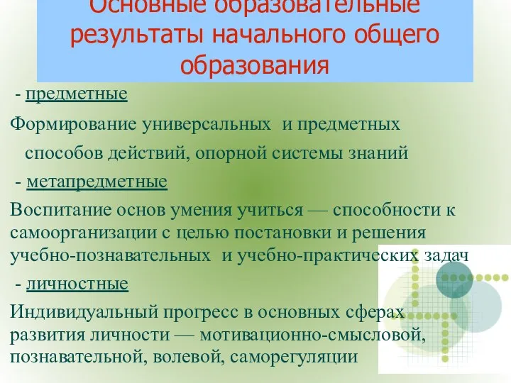 Основные образовательные результаты начального общего образования - предметные Формирование универсальных