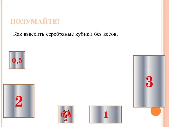 ПОДУМАЙТЕ! Как взвесить серебряные кубики без весов. 1 2 0,5