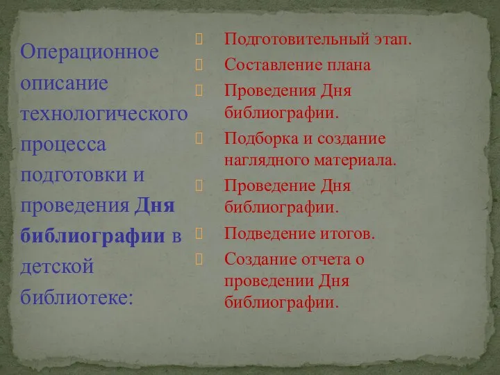 Подготовительный этап. Составление плана Проведения Дня библиографии. Подборка и создание