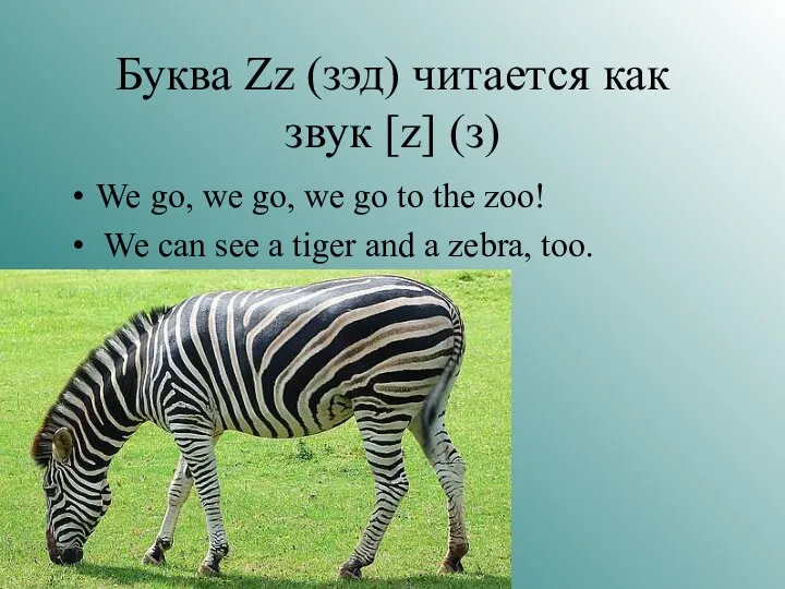 Буква Zz (зэд) читается как звук [z] (з) We go, we go, we