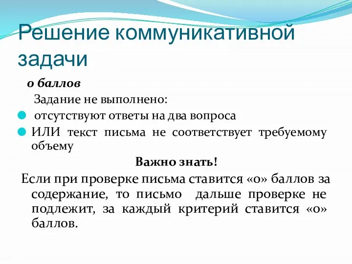 Решение коммуникативной задачи 0 баллов Задание не выполнено: отсутствуют ответы