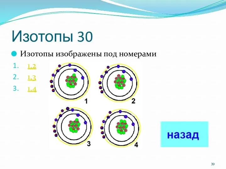 Изотопы 30 Изотопы изображены под номерами 1,2 1,3 1,4