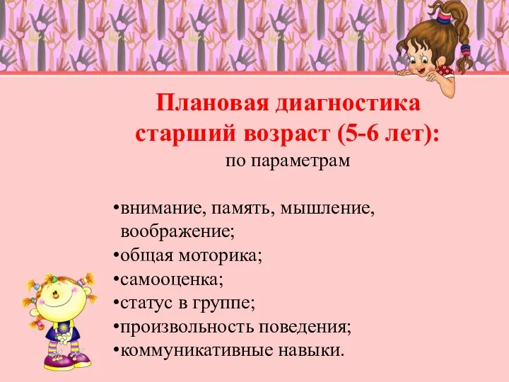 Плановая диагностика старший возраст (5-6 лет): по параметрам внимание, память,