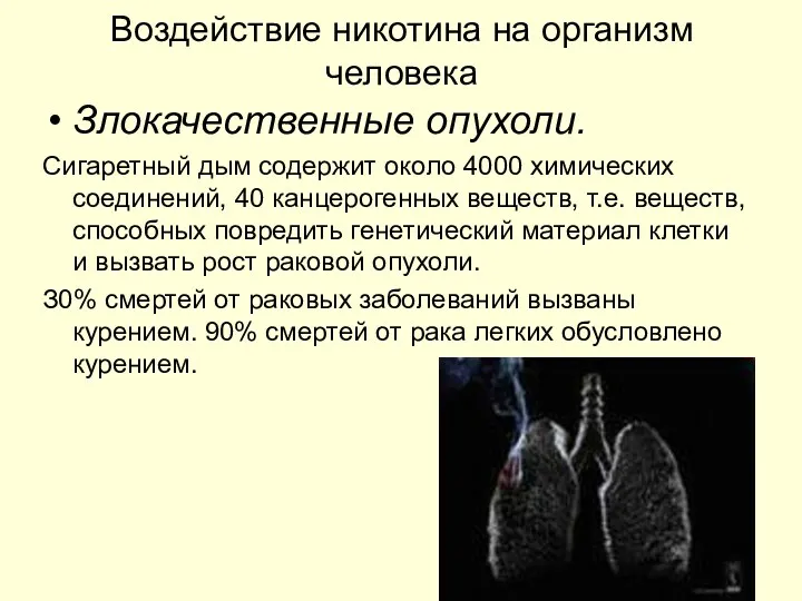 Воздействие никотина на организм человека Злокачественные опухоли. Сигаретный дым содержит