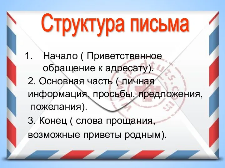 Начало ( Приветственное обращение к адресату). Структура письма 2. Основная