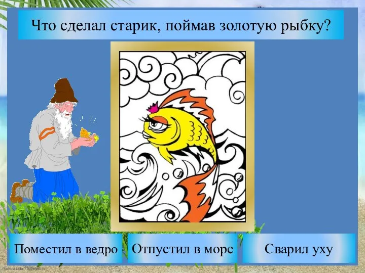 Что сделал старик, поймав золотую рыбку? Отпустил в море Поместил в ведро Сварил уху