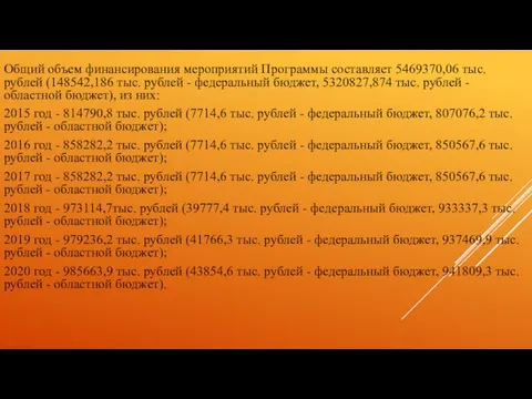 Общий объем финансирования мероприятий Программы составляет 5469370,06 тыс. рублей (148542,186 тыс. рублей -