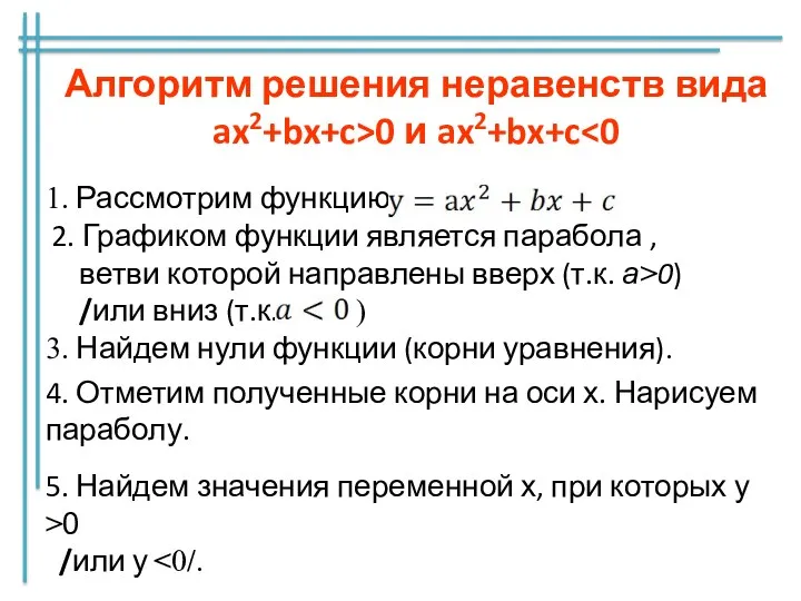 Алгоритм решения неравенств вида ax2+bx+c>0 и ax2+bx+c 1. Рассмотрим функцию