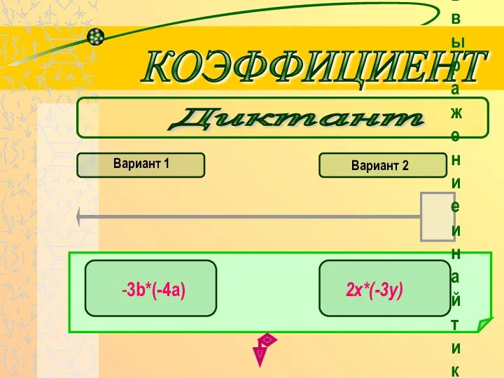 Диктант КОЭФФИЦИЕНТ Вариант 1 Вариант 2 Упростить выражение и найти коэффициент -3b*(-4a) 2x*(-3y)