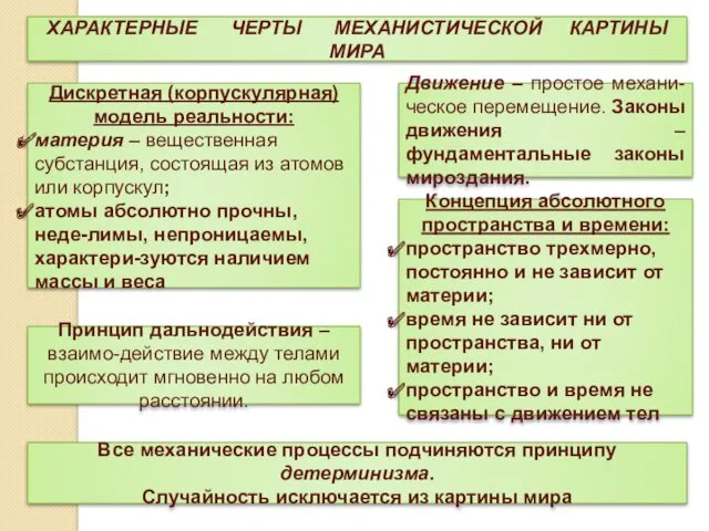 ХАРАКТЕРНЫЕ ЧЕРТЫ МЕХАНИСТИЧЕСКОЙ КАРТИНЫ МИРА Дискретная (корпускулярная) модель реальности: материя