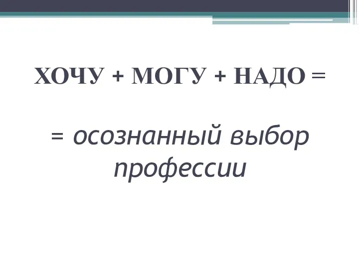 ХОЧУ + МОГУ + НАДО = = осознанный выбор профессии