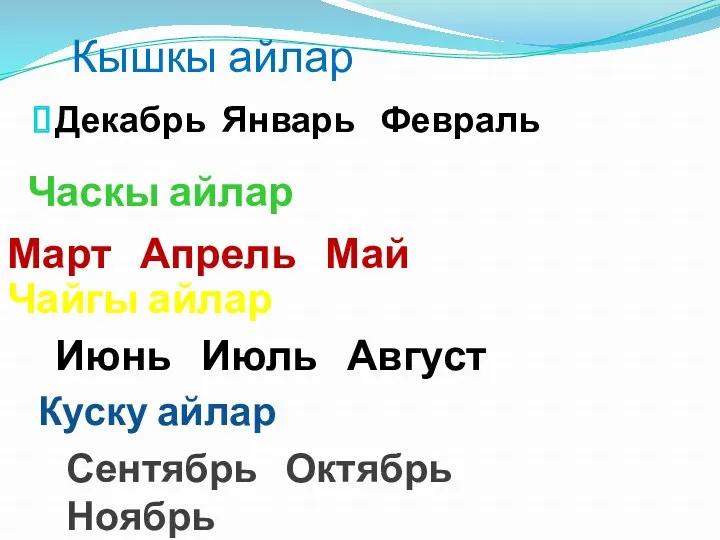 Кышкы айлар Декабрь Январь Февраль Часкы айлар Март Апрель Май