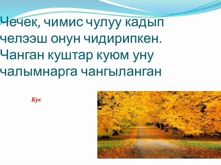 Чечек, чимис чулуу кадып челээш онун чидирипкен. Чанган куштар куюм уну чалымнарга чангыланган Кус