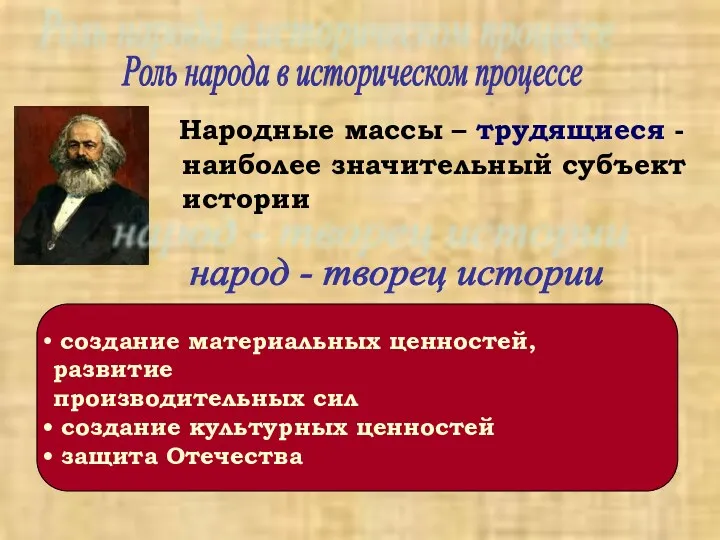 Роль народа в историческом процессе Народные массы – трудящиеся -