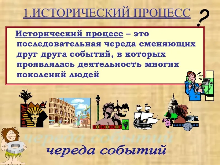 1.ИСТОРИЧЕСКИЙ ПРОЦЕСС Исторический процесс – это последовательная череда сменяющих друг