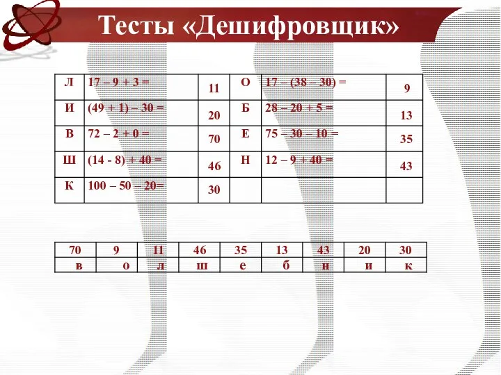 Тесты «Дешифровщик» 11 20 70 46 30 9 13 35