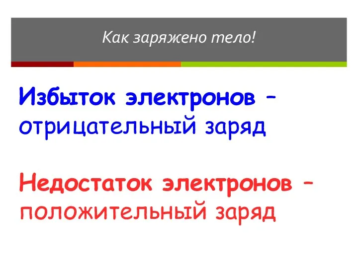 Как заряжено тело! Избыток электронов – отрицательный заряд Недостаток электронов – положительный заряд