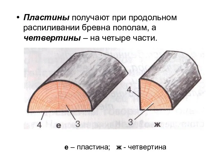 Пластины получают при продольном распиливании бревна пополам, а четвертины – на четыре части.