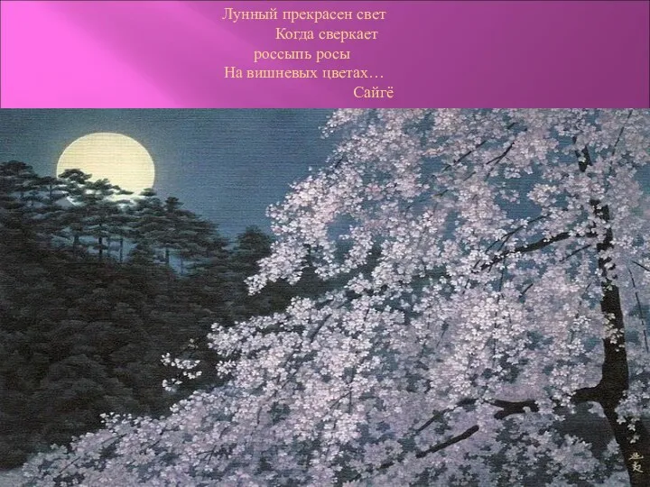 Лунный прекрасен свет Когда сверкает россыпь росы На вишневых цветах… Сайгё