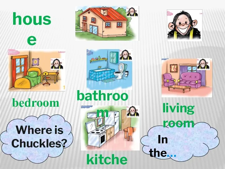 bedroom bathroom kitchen living room house Where is Chuckles? In the…